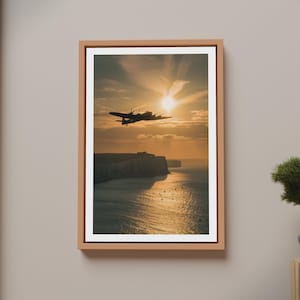 Lancaster Bomber Sunset Poster | WWII Aviation Wall Art | White Cliffs