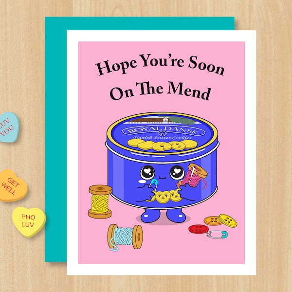 Danish Cookie Tin Greeting Card  - Danish Butter Cookie - Hope You're On The Mend - Get Well Soon- Sending Love - Pho Luv - Feel Better Soon