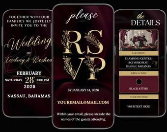 Può includere: Invito di nozze digitale su schermo di smartphone. Il design presenta testo dorato su sfondo bordeaux. L'invito include data, ora, luogo e informazioni RSVP. Il codice di abbigliamento è abito nero.