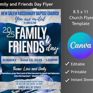 Church Flyer Template, Family and Friends Day, Editable Printable, Instant Download, Digital Flyer, Blue and Silver Theme, Canva Template