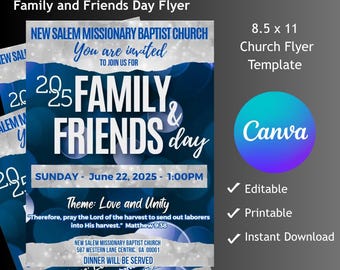 Church Family and Friends Day Flyer Template, Blue and Silver, Canva Edit Digital