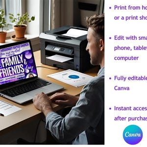 Puede incluir: Una computadora port&aacute;til muestra un folleto p&uacute;rpura y blanco para el "Family & Friends Day" con el texto "New Salem Missionary Baptist Church". Una impresora y documentos impresos est&aacute;n en el escritorio. La imagen tambi&eacute;n incluye el texto "Imprime desde casa o en una imprenta".