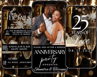 Può includere: Invito digitale per una festa di anniversario di matrimonio. Il design presenta una foto di una coppia che balla, calici di champagne e il testo "25 Anni di Amore". I dettagli includono la data, l'ora e l'abbigliamento.