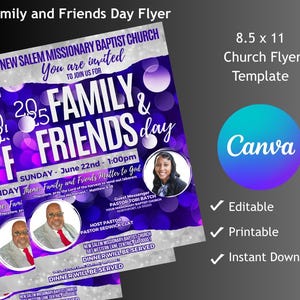 Puede incluir: Una pila de folletos de iglesia morados y blancos con el texto "Family & Friends Day". Los folletos incluyen fotos de personas, detalles del evento y el logotipo de Canva. El folleto mide 21,59 x 27,94 cm.