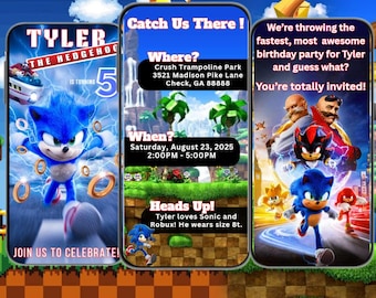Sonic Birthday Video Invitation Template, Editable Evite (Canva Download)