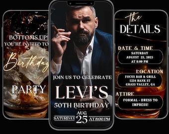 Può includere: Tre schermi di smartphone che mostrano un invito a una festa di compleanno. L'invito presenta un uomo con un sigaro, il testo "50° compleanno di Levi", e i dettagli della festa, tra cui data, ora, luogo e abbigliamento.
