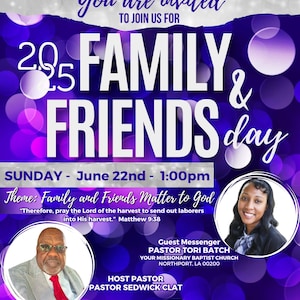 Op de afbeelding: Een paarse en witte flyer voor een Family & Friends Day in de New Salem Missionary Baptist Church. De flyer bevat de datum, tijd, thema en informatie over de gastspreker. Portretten van de pastors zijn opgenomen.