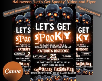 Può includere: Un volantino digitale a tema Halloween con il testo "Let's Get Spooky" e grafiche di teschi. Il volantino include i dettagli della festa: data, ora, luogo e informazioni RSVP. Il design presenta uno sfondo scuro con testo arancione e bianco.