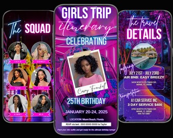 Può includere: Tre schermate di smartphone che mostrano un itinerario di viaggio tra ragazze. La prima schermata dice "The Squad" con foto di donne. La seconda schermata dice "Girls Trip Itinerary Celebrating 25th Birthday" con una foto. La terza schermata dice "The Travel Details".