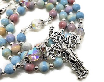 Cherished Handmade 5 Decade Catholic Rosary. Pastel Colored Rainbow Agate Rosary, Rosary For Women, Rosary Gift, Our Lady of Grace