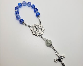 Handmade Madonna and Child One Decade Rosary, Blue Mini Rosary, Single Decade Rosary. Pocket Rosary, Walking Rosary, Glass Tenner Rosary