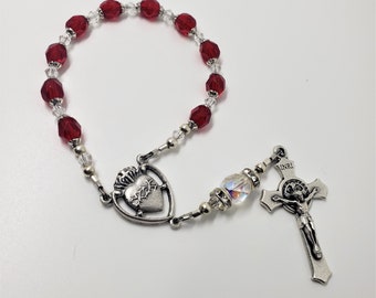 Handmade Beautiful Sacred Heart of Jesus Rosary,  One Decade Red Glass Tenner Rosary, Walking Rosary, Mini Rosary, Single Decade Rosary