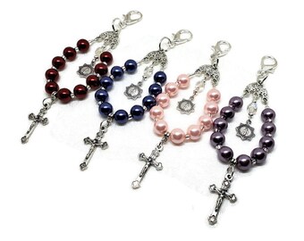 Glass Pearl Bead Keychain Rosary. Mini 