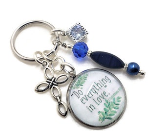 Do Everything In Love Keychain, 1 Corinthians 16:14, Blue Glass Purse Charms,Keychain Charm, Christian Keychain, Purse Accessory,Bible Verse