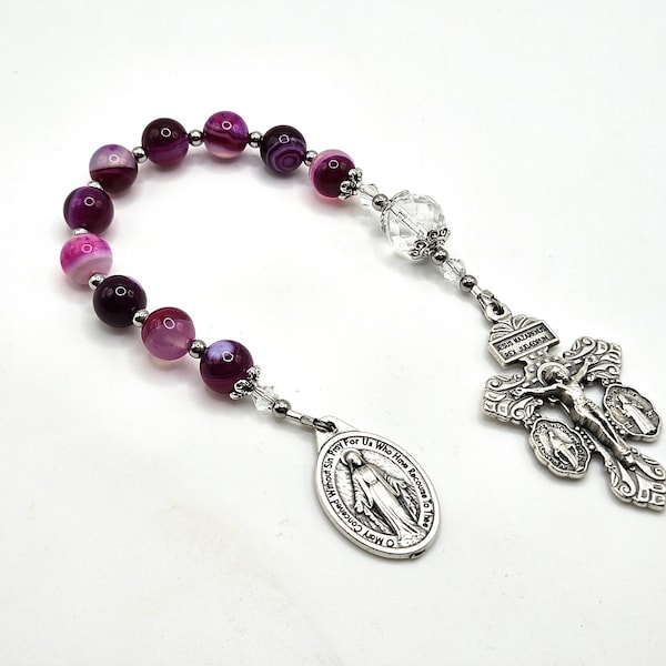 One Decade Rosary, Purple Gemstone Chaplet, Tenner Rosary, Pocket Rosary, Walking Rosary, Miraculous Medal One Decade Rosary, Single Decade