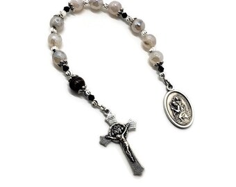 St. Christopher Rosary Chaplet,  White Agate Chaplet, Nine Bead Chaplet, Gemstone Chaplet, Patron Saint of Travelers Prayer Beads