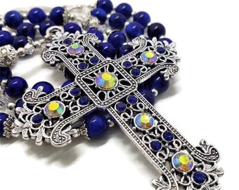 Large Wall Rosary, Table Rosary, Catholic Gift, Oversized Rosary, Blue Glass Rosary Beads, 5 Decade Rosary, Catholic Home Décor