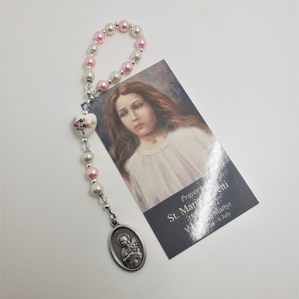 St. Maria Goretti Rosary Chaplet, Beautiful Dainty Pink And White Pearl Chaplet, Pearl Bead Chaplet, Patron Saint of Youth And Forgiveness