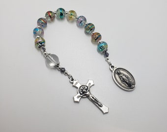 Handmade Miraculous Medal One Decade Rosary, Virgin Mary Rosary, Rainbow Glass Tenner Rosary, Mini Rosary, Single Decade Small  Rosary