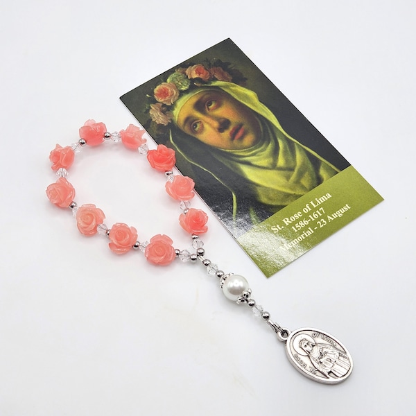 St. Rose of Lima Chaplet, Rosary Chaplet, Pink Coral Chaplet, Patron Saint Of Embroiderers and Gardeners, Rosary For Moms
