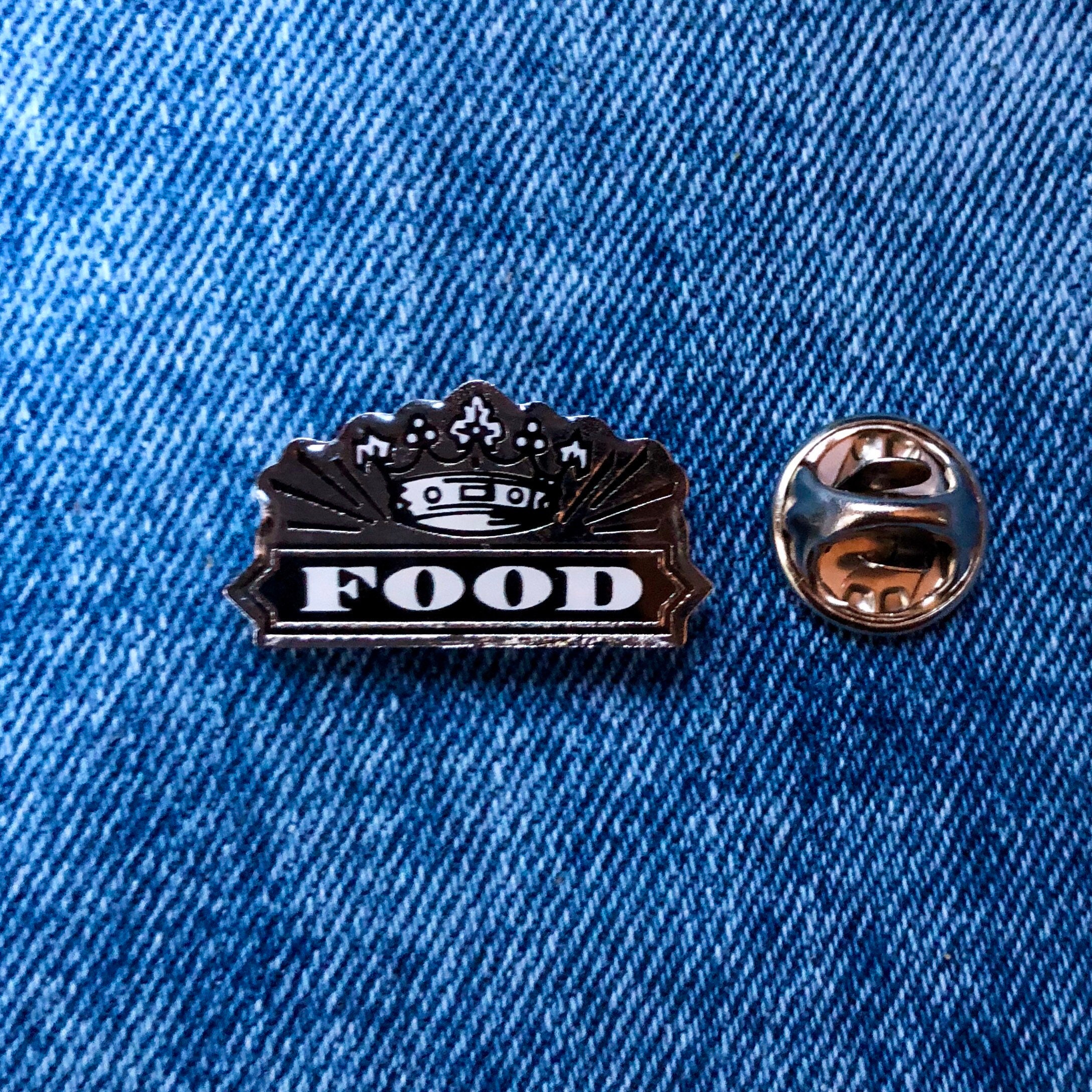 Vintage silver tone enamelled metal pin badge, Food Records since 1984 : the infamous British Rock record label - Rough Trade, Parlophone