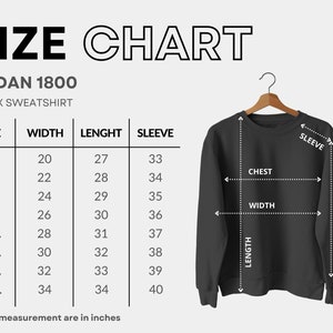 以下が含まれることがあります： Gildan 1800 ユニセックススウェットシャツのサイズチャート。チャートは、S から 5XL までのサイズについて、幅、長さ、袖丈をインチで示しています。