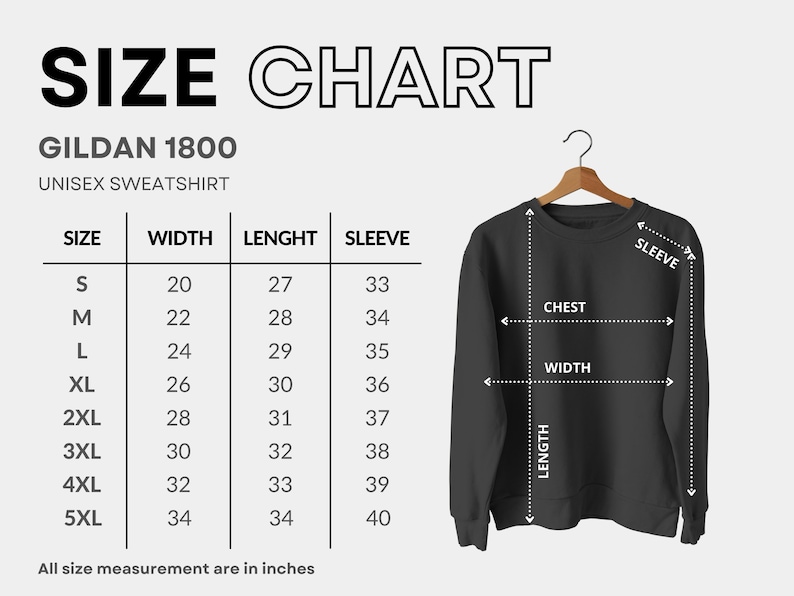 以下が含まれることがあります： Gildan 1800 ユニセックススウェットシャツのサイズチャート。チャートは、S から 5XL までのサイズについて、幅、長さ、袖丈をインチで示しています。