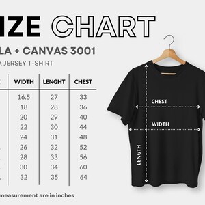 May include: Size chart for a unisex jersey t-shirt, showing measurements in inches for chest, width, and length. The chart includes sizes XS to 5XL.