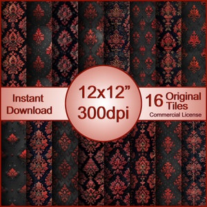 May include: A set of 16 digital paper patterns featuring a red and gold damask design on a black background. The papers are 12x12 inches and 300dpi. Instant download with a commercial license.