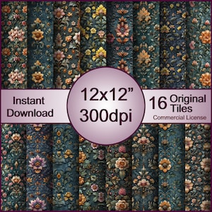 May include: A set of 16 digital paper designs featuring intricate floral patterns in shades of blue, green, yellow, and pink. The papers are 12x12 inches and 300dpi. Instant download and commercial license included.