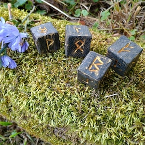 May include: Four dark wooden rune dice with gold-colored etched symbols rest on a bed of green moss. A sprig of blue flowers is to the left. The dice are square and appear to be handmade.