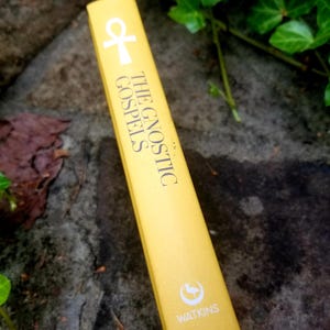 May include: A yellow book titled "The Gnostic Gospels" with a white ankh symbol and a white bird logo for Watkins.