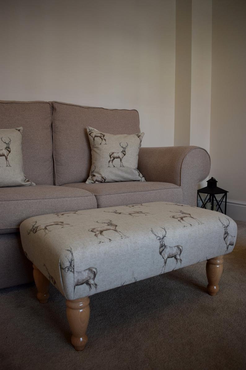 Stag Pattern Footstool Large Stag Print Footstool - Turned/straight Waxed, Natural or Mahogany ...