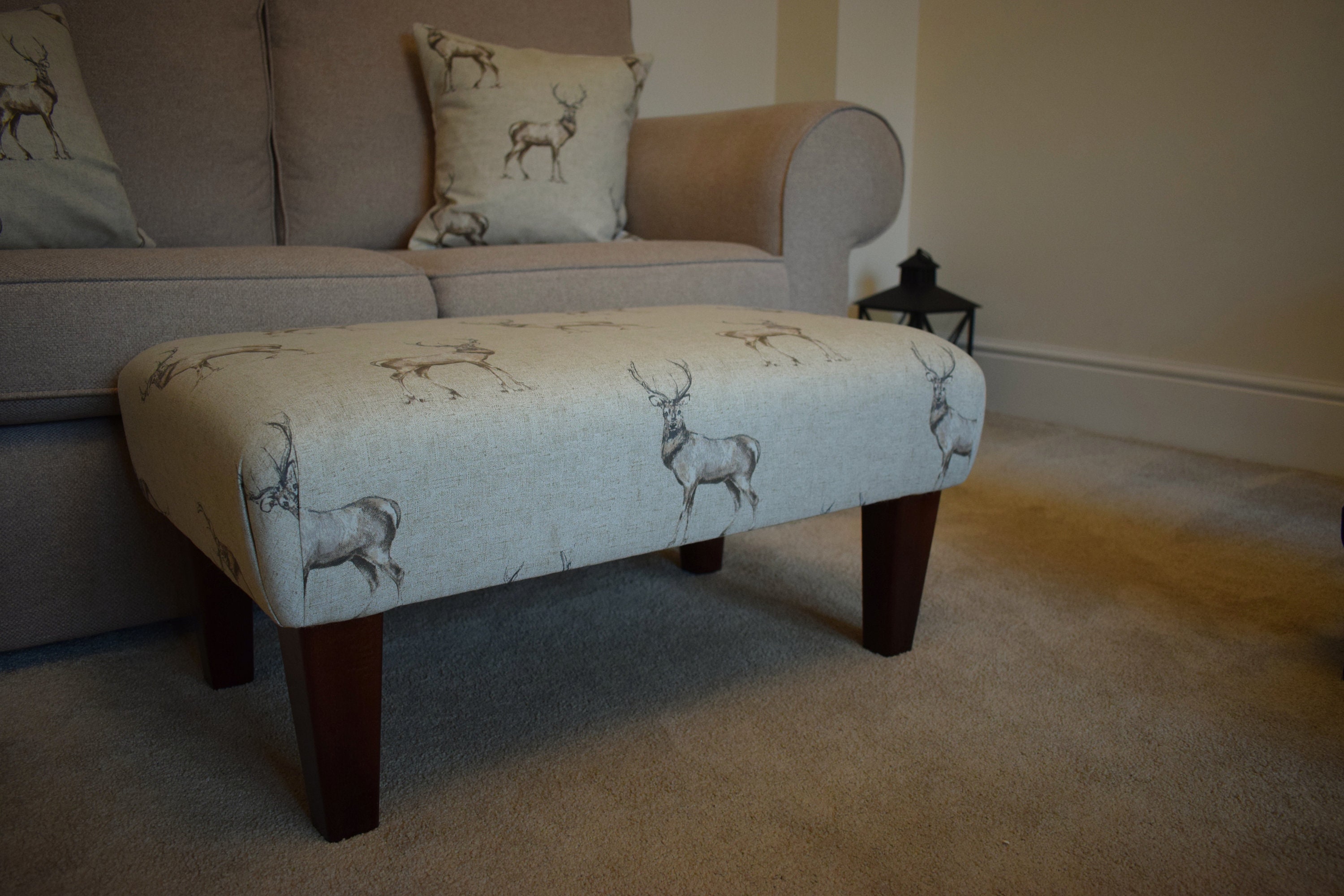 Stag Pattern Footstool Large Stag Print Footstool - Turned/straight Waxed, Natural or Mahogany ...