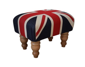 Small Footstool - Union Jack Fabric - Available On Waxed and Mahogany Turned or Straight Legs - 43cm (L) x 31cm (W)