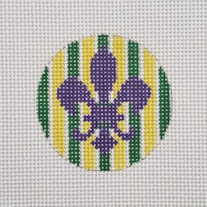 Handpainted Needlepoint Canvas, Mini Purple Green and Yellow Mardi Gras Fleur De Lis Stripe Ornament, 18m