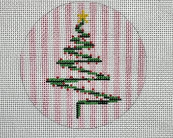 Handpainted Needlepoint Canvas, Zig Zag Christmas Tree with Pink Stripe Background, 18m