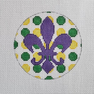 Handpainted Needlepoint Canvas, Purple Green and Yellow Mardi Gras Fleur De Lis Polka Dot Ornament, 18m