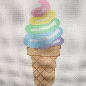 Handpainted Needlepoint Canvas, Rainbow Pink Yellow Green Blue and Purple, Ice Cream Cone, 18m