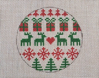 Handpainted Needlepoint Canvas, Red and Green Sweater Pattern Reindeer & Gifts Round Christmas Ornament, 18m