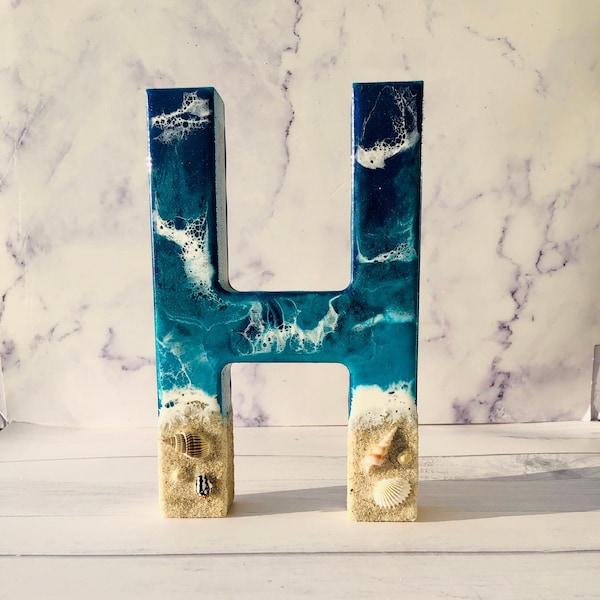 Personalized Freestanding letters for table | Handmade | Beach Decor | 3D Block Beach Resin Letter | Seashells Letter Decor | Table Decor |