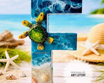 Personalized Beach Resin Initial with Sea Turtle | Coastal Decor | Pick Any Letter