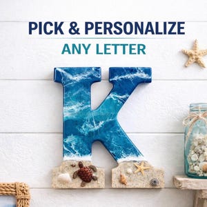 Pick Any Letter | Hanging Beach Resin Art | Handmade Coastal Décor with Sea Turtle