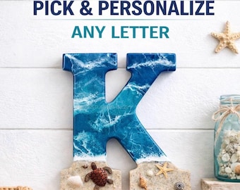 Pick Any Letter | Hanging Beach Resin Art | Handmade Coastal Décor with Sea Turtle