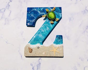 Personalized Beach Resin Letter with Turtle - Coastal Decor