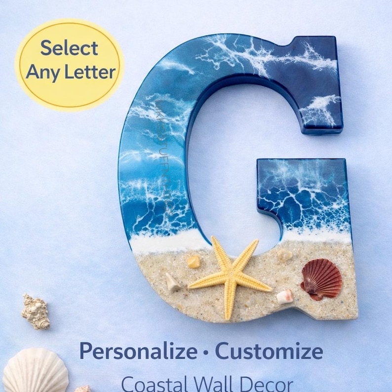 Personalisierter Strand-Buchstabe aus Harz: Küstendekoration, Ozean-Kunst | Wählen Sie einen beliebigen Buchstaben