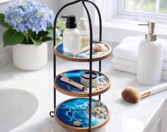 Personalized Handmade Beach Resin 3-Tier Tray – Coastal Organizer with Seashells, Sand