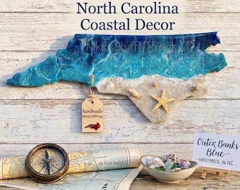 Mapa artístico personalizado de Carolina del Norte en resina / Decoración para casa de playa / Decoración para la ciudad natal