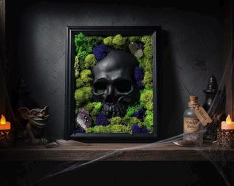 Gothic Skull Wall Decor with Moss & LED Light | Oddities | Dark Academia Decor