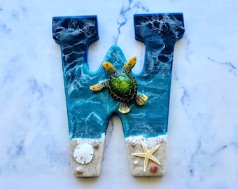 Personalized Resin Beach Letter, Coastal Wall Decor, Turtle Ocean Accent | Pick Any Letter